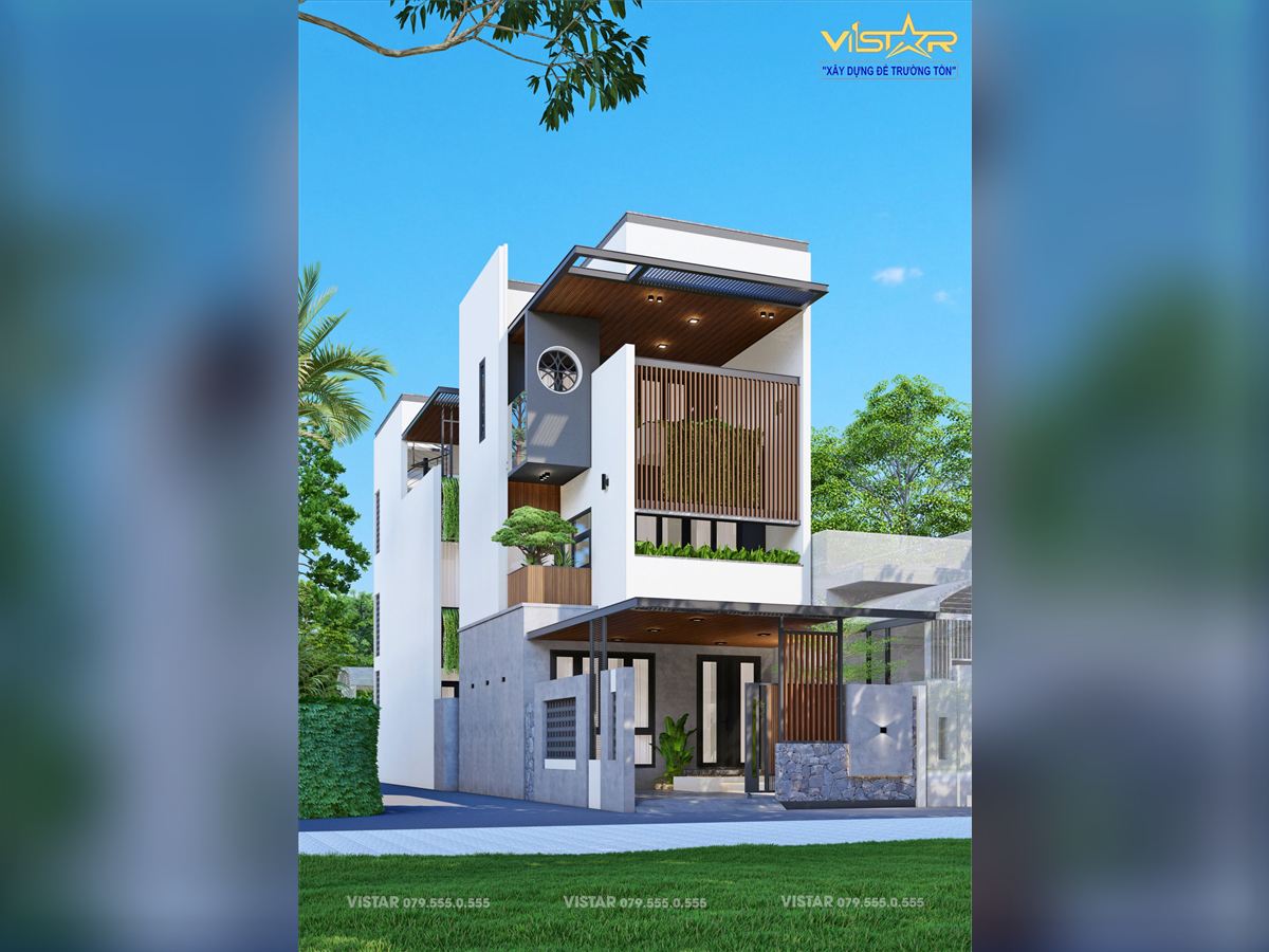 Phối cảnh 3D nhà phố 3 tầng mặt tiền lam gỗ